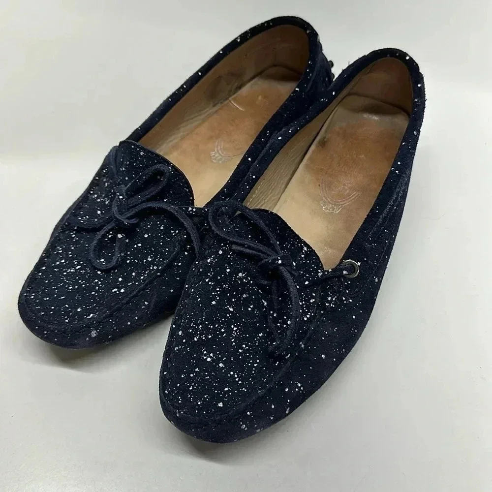 Tods Driving Moccasins Loafers Suede Leather Paint Splatter Navy Blue Size 7.5